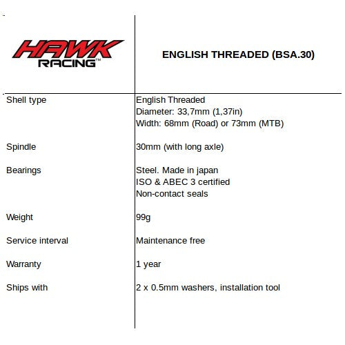 Hawk Racing Bottom Hawk Racing English threaded BSA Bottom Bracket – ultimate watts